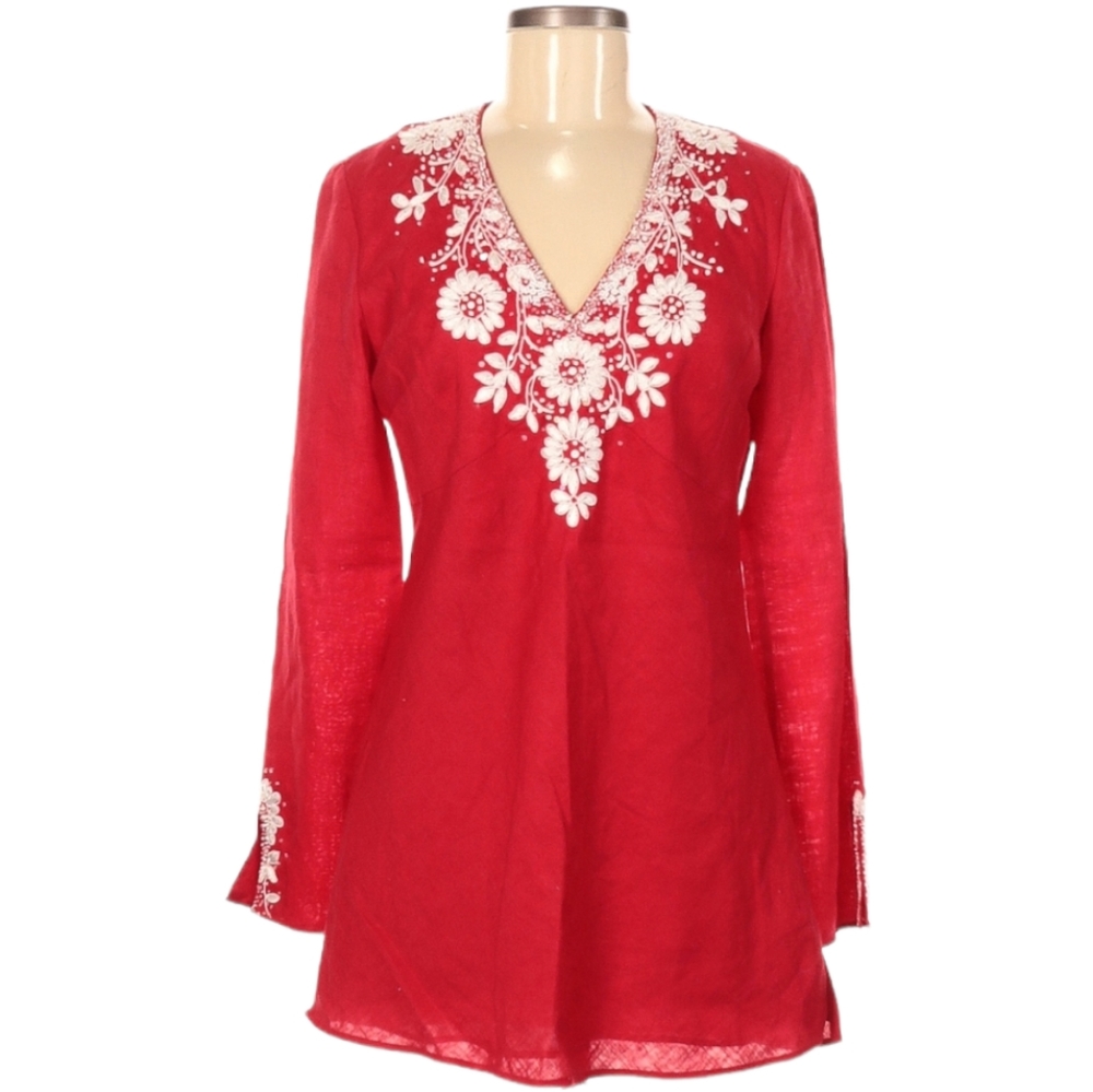 Lafayette 148 New York Long Sleeve Blouse Size 6 Red White Floral Embroidery